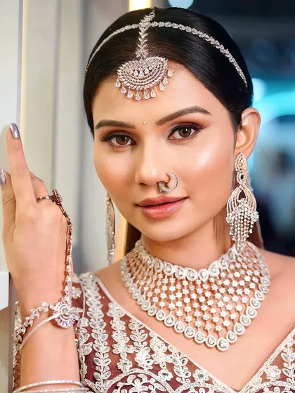 A detailed shot of the diamond-studded bridal look from our Pro Course. We provide personalized attention to help every student master intricate details and create flawless makeup.