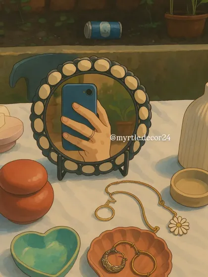 Another Ghibli-inspired art piece showing a vanity filled with our handmade decor items. It’s a dreamy, aesthetic version of how we imagine our pieces living in your homes.