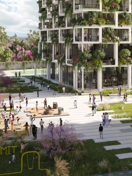 The main plaza at Sky Gardens is a bustling hub of activity, with playgrounds, seating areas, and performance spaces surrounded by lush landscaping.