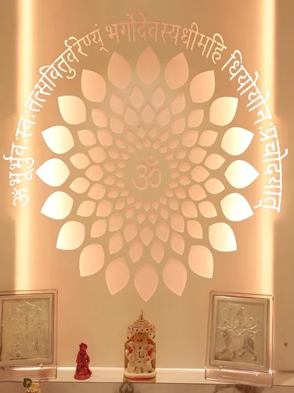 A close-up of a mandir with a backlit Gayatri Mantra jaali. The soft glow creates a serene and divine ambiance, perfect for prayer and meditation.
