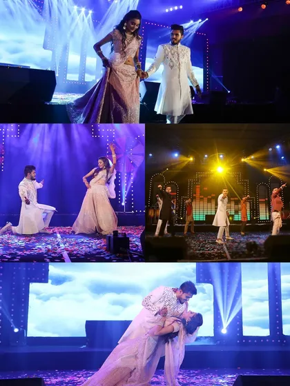 A collage of a couple's dreamy sangeet performance, from their romantic dance moves to the grand stage production.
