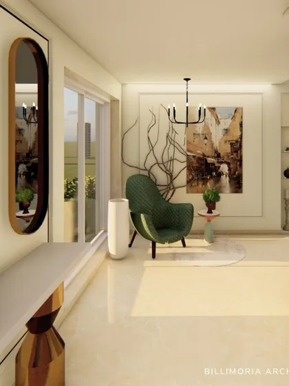 A bright and airy corridor leading to a seating nook. We used a pop of color with the green armchair and added visual interest with a sculptural branch element and abstract art, turning a transitional space into a design feature.