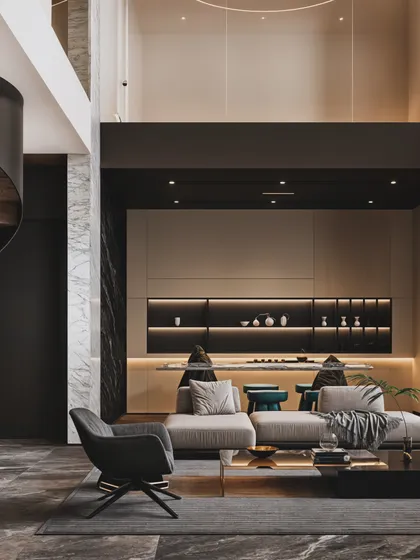 A modern living space with a double-height ceiling and a minimalist kitchen backdrop. The render uses dramatic lighting and a dark color palette to create a sophisticated, moody atmosphere.