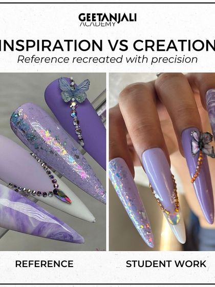 From a reference photo to a real-life creation, this piece shows our student's ability to work with advanced techniques like marble effects, glitter gradients, and delicate 3D butterfly and chain embellishments.