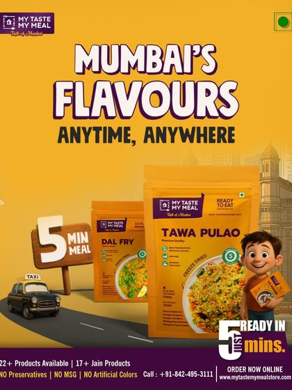 Mumbai's flavors, anytime, anywhere. This image captures the essence of Mumbai with its iconic taxi and my ready-to-eat Tawa Pulao and Dal Fry.