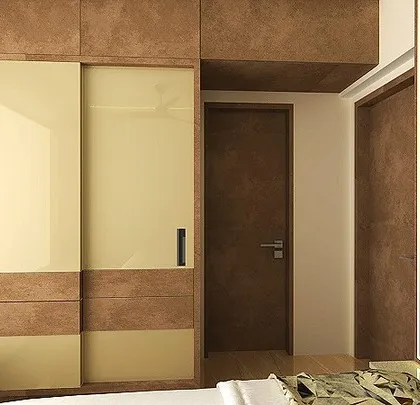 This is a proposed design for a parents' bedroom, focusing on warm and classic aesthetics. The sliding wardrobe uses a combination of wood grain and cream-colored laminate for a timeless look.