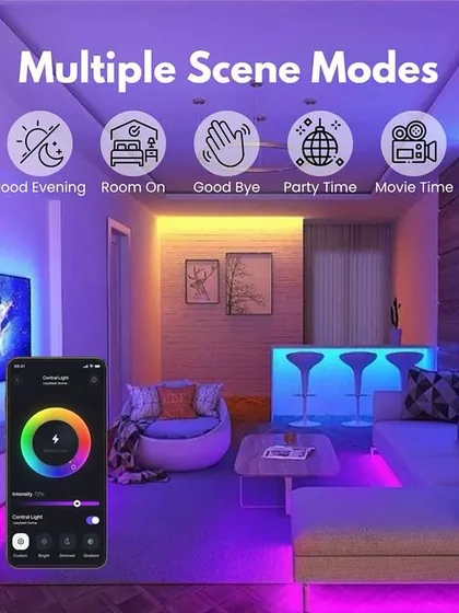Your home should match your mood. I help you create custom lighting scenes for any occasion, from a chill movie night to a full-on party. This image showcases the different modes you can set up, all controllable with a single tap on your phone.
