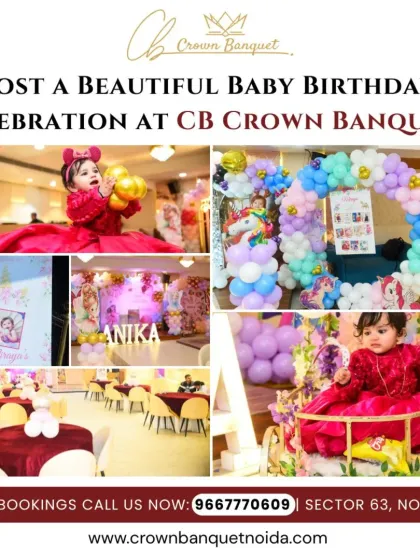 A collage showcasing a beautiful baby birthday celebration. It features the birthday girl's grand entrance, the unicorn-themed decor, and our spacious hall setup, giving a complete overview of our services.