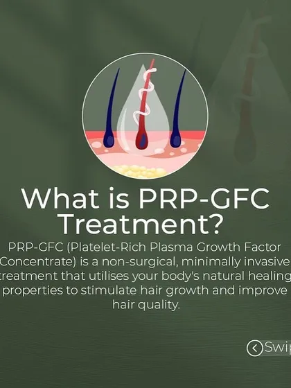 This graphic explains the science behind PRP-GFC treatment. It is a non-surgical, minimally invasive procedure that harnesses your body's own platelet-rich plasma and growth factor concentrate to stimulate hair growth and improve overall hair quality.