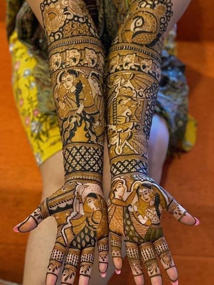A vibrant and detailed bridal mehndi capturing multiple wedding moments, including the varmala exchange and other ceremonies, filled with joy and tradition.