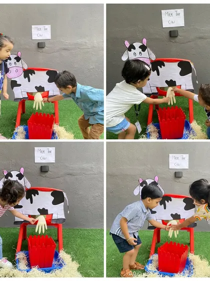 Fresh from the farm. During our 'Farm Animals' week, children learn where milk comes from with this fun "milk the cow" activity. It's a hands-on way to learn about animals and their by-products.