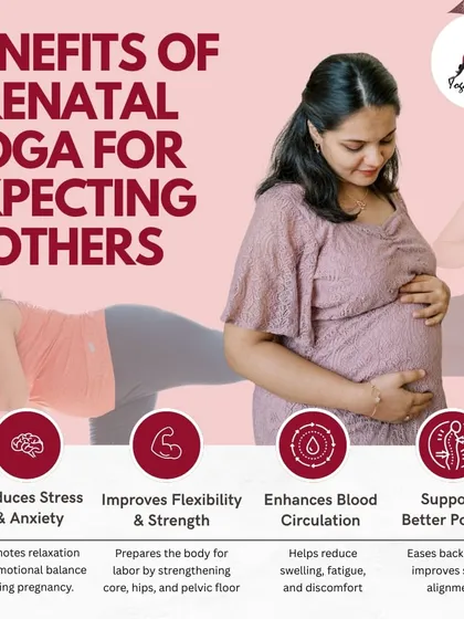 Prenatal yoga is more than just exercise; it's a holistic practice for you and your baby. This graphic breaks down the core benefits we focus on in my classes: reducing stress, improving flexibility for labor, enhancing blood circulation, and supporting better posture to ease back pain.