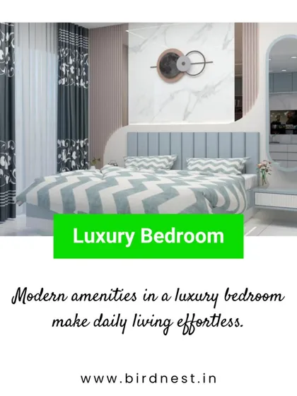 A luxury bedroom concept where modern amenities meet elegant design. The space features a custom bed, a sleek dressing mirror, and coordinated furnishings for a complete and effortless look.
