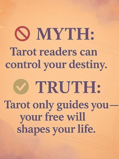 Myths vs. Truths about Tarot. This carousel debunks common misconceptions. It clarifies that Tarot is spiritual energy work, not black magic, and that it shows possible outcomes based on your current path, not a fixed future.