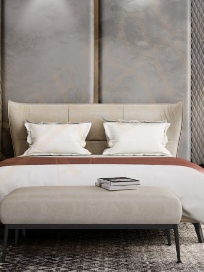 A bedroom designed for ultimate relaxation, featuring luxurious textures, dramatic pendant lighting, and a modern, elegant aesthetic.