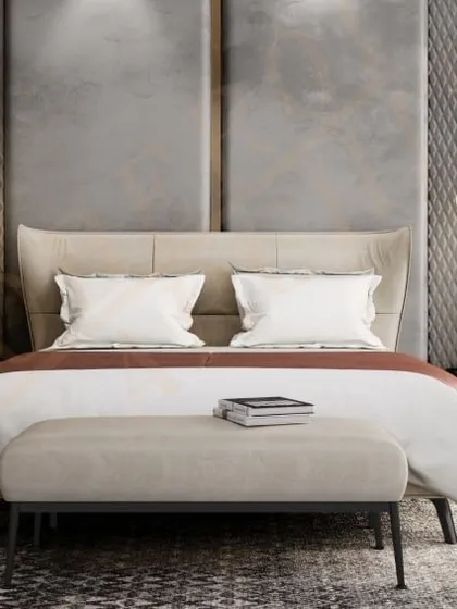 A bedroom designed for ultimate relaxation, blending luxurious textures like velvet and silk with modern, sculptural lighting.