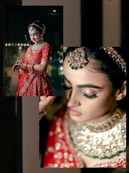 An artistic collage focusing on the bride's beauty, with close-ups of her makeup and jewelry.