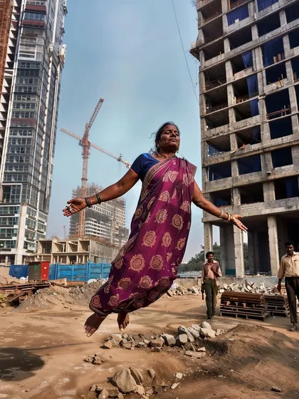 A woman in a sari levitates at a construction site. This juxtaposition of grace and grit is a powerful visual metaphor.