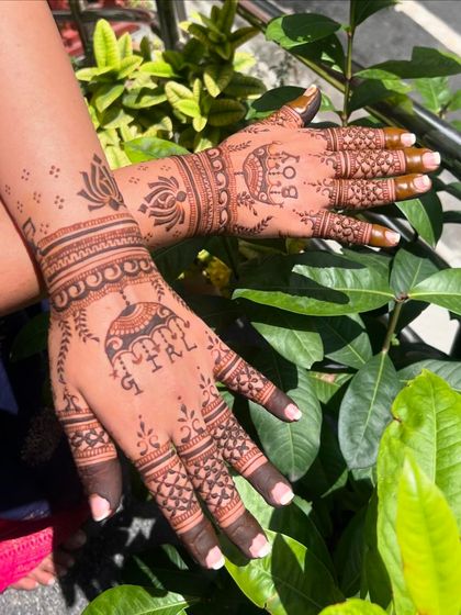 This fun design for a baby shower plays with the "Boy or Girl" theme, with a different design on each hand. It's a creative way to build excitement.