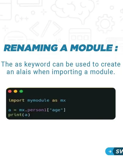 Learn how to rename a module using the 'as' keyword. This is useful for creating shorter aliases and avoiding naming conflicts.