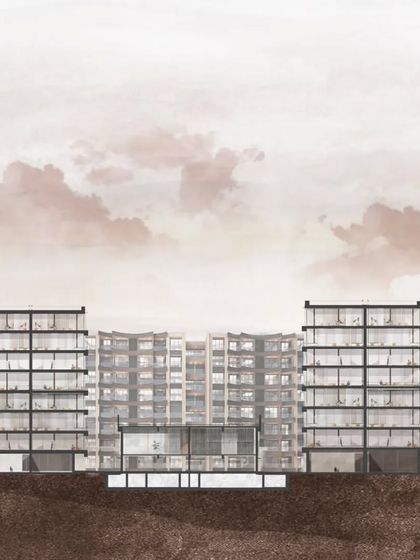 This sectional elevation of a residential high-rise illustrates the connection between form and function. It highlights the smooth incorporation of structural elements into the overall design, creating a harmonious balance.