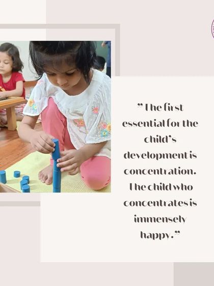 Concentration is essential for a child's development and happiness. This child is fully absorbed in working with the knobbed cylinders, a sensorial material that helps refine visual discrimination and prepares the hand for writing.