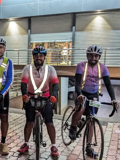 A group of determined riders at a checkpoint during the Kittur Express 1000K. These brevets bring together cyclists from all walks of life, united by a shared passion for endurance.