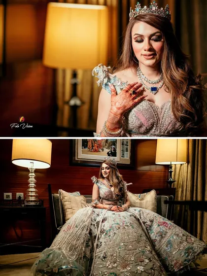 A collage showcasing the bride's unique angel-winged reception look from different angles.