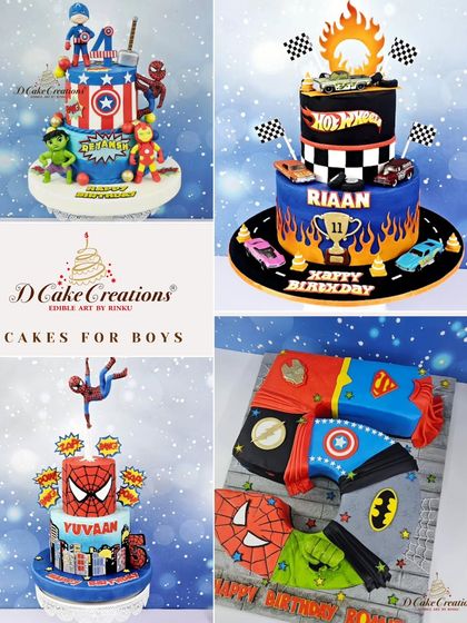 A collage showcasing some of my most popular cake themes for boys. This includes superheroes like the Avengers and Spiderman, and a fiery Hot Wheels racing cake.