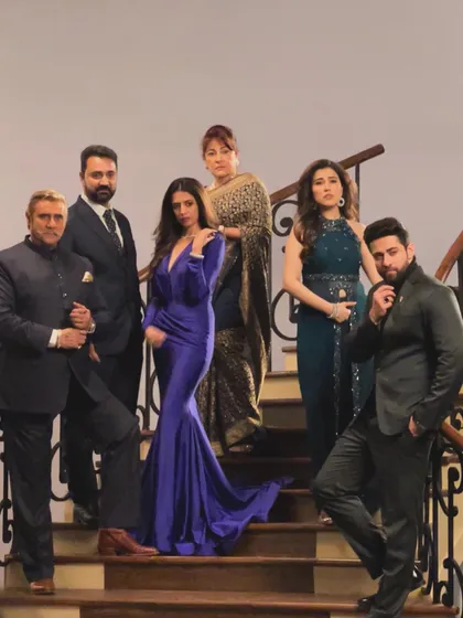 The full cast from the poster shoot for the TV drama "Vanshaj". I styled the leading ladies in these grand, elegant gowns to reflect the show's theme of legacy and opulence, using rich colors like royal purple and deep teal.