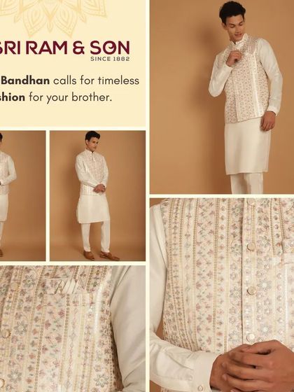 This Raksha Bandhan, gift your brother timeless fashion. This white kurta pajama with an embroidered jacket is a perfect choice.