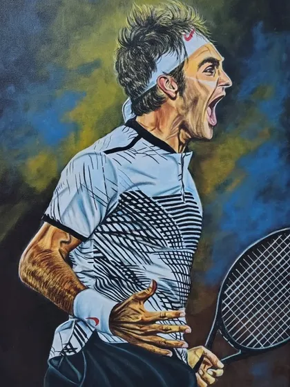 A tribute to the legendary Roger Federer, this 4x2.5 ft canvas captures his passion and energy. This realistic portrait was a joy to paint, focusing on the dynamic movement and emotion of the sport.