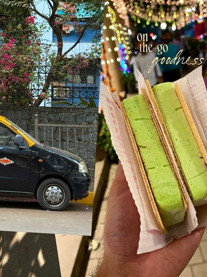 On-the-go goodness. A collage combining a taxi, a colorful wall, and a hand holding a pistachio kulfi sandwich.