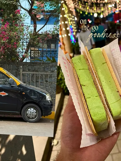 On-the-go goodness. A collage combining a taxi, a colorful wall, and a hand holding a pistachio kulfi sandwich.