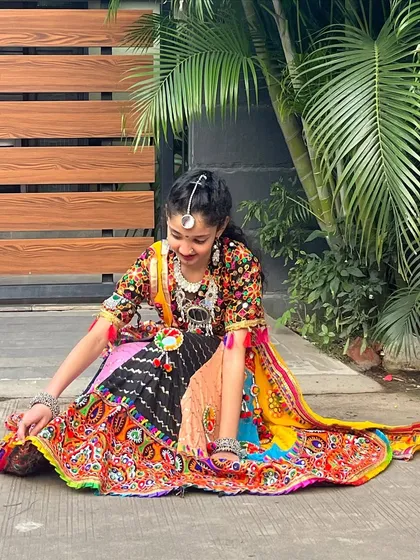 A sweet moment with one of my youngest clients. This colorful patchwork chaniya choli is perfect for kids who want to join in the Garba fun.
