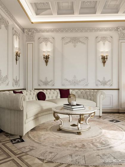 This seating area, part of an ongoing classical project, features a curved sofa and walls with intricate gold leafing details. The design is a testament to our multidisciplinary approach, where every element is curated with precision and elegance.