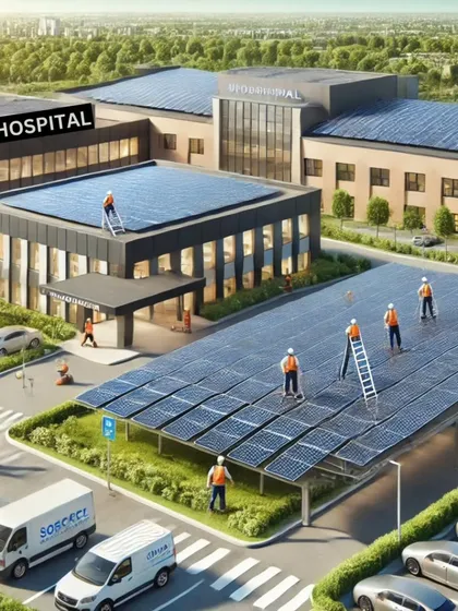 Another example of a solar-powered hospital. We cover rooftops and parking areas to maximize energy generation, ensuring a reliable power supply for critical medical equipment.