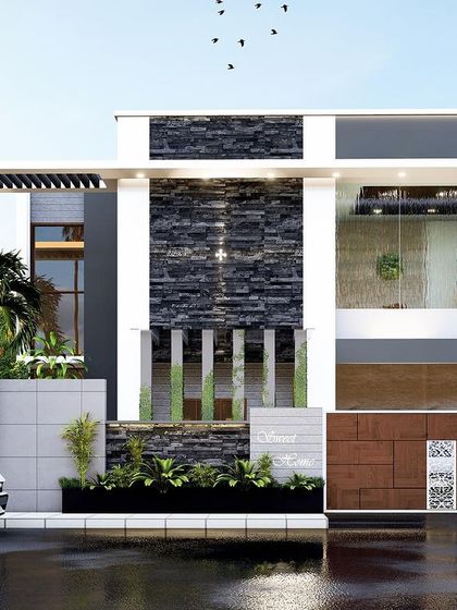 The 3D render for a home featuring a prominent glass-walled room and a waterfall feature integrated into the facade.