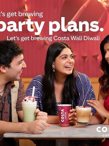 This image from the Costa campaign focuses on a group of friends making plans. The wardrobe for each person was carefully selected to reflect their individual style while creating a harmonious group picture.