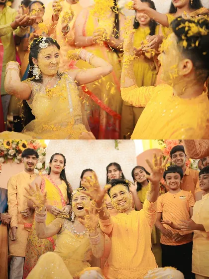 A collage of high-energy moments from the Haldi, showing the couple being showered with petals and celebrating with their hands covered in turmeric. It's a snapshot of pure fun.