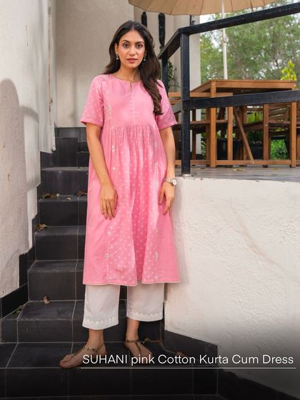 This versatile piece from our Suhani collection can be worn as a kurta or a dress. Made from soft pink Bandhani cotton, its relaxed fit and simple elegance make it a wardrobe staple for any casual occasion.