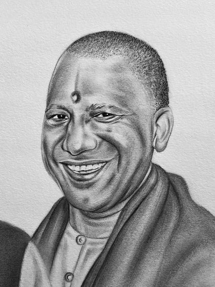 A close-up of the charcoal portrait of Yogi Adityanath from the group drawing, highlighting the realistic shading.