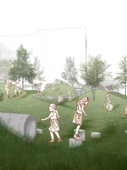 This was our initial concept sketch for the school's play area. We envisioned a dynamic landscape with hills and tunnels where children could run free and engage in imaginative play, which we then brought to life.