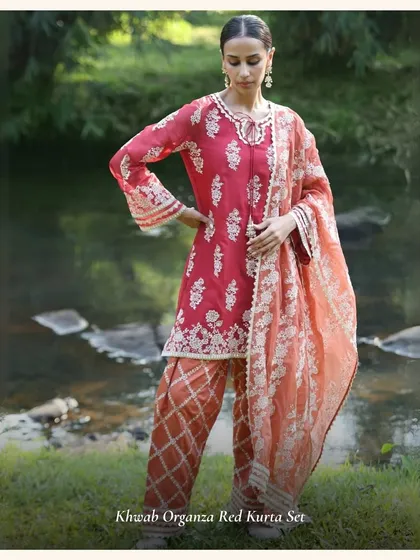 The Khwab Organza Red Kurta Set is a top pick for a reason. The color is a beautiful shade of red, and the white embroidery provides a lovely contrast.