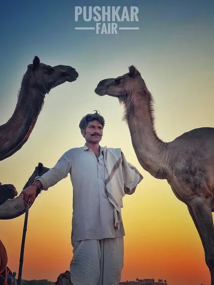 A portrait of a camel herder at the Pushkar Fair against the sunset. My work focuses on capturing the human element of a place, telling the story of its people and their deep-rooted traditions through evocative photography.