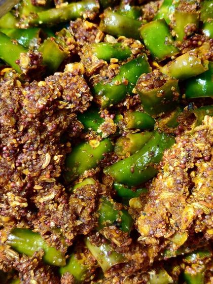 Another look at my green chilli pickle preparation, with the masala coating every piece. This is what homemade quality looks like.