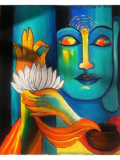A close-up of the Buddha canvas painting, showing the smooth blending of acrylics and the peaceful expression captured by the artist.