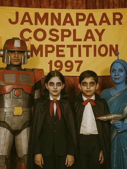 A vintage-style photo of the 'Jamnapaar Cosplay Competition 1997'. This image creates a fictional history for sci-fi fandom in India, filled with charmingly retro costumes.