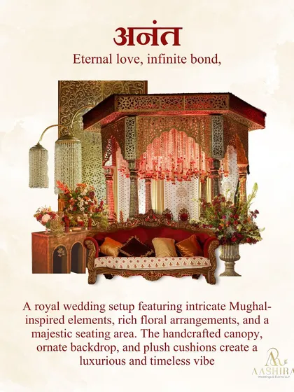 A concept board for the 'Anant' theme, showcasing the royal wedding setup with its Mughal-inspired elements, rich florals, and majestic seating area.