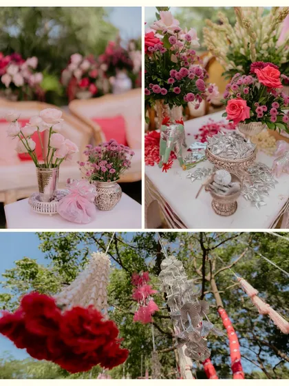 A collage of details from a Chooda ceremony, showcasing traditional elements like silver vessels, fresh roses, and hanging tassels, all styled with timeless elegance.